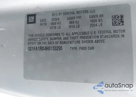 2017 Chevrolet Camaro 1Lt z USA, uszkodzony, nr VIN 1G1FA1RX4H0133295